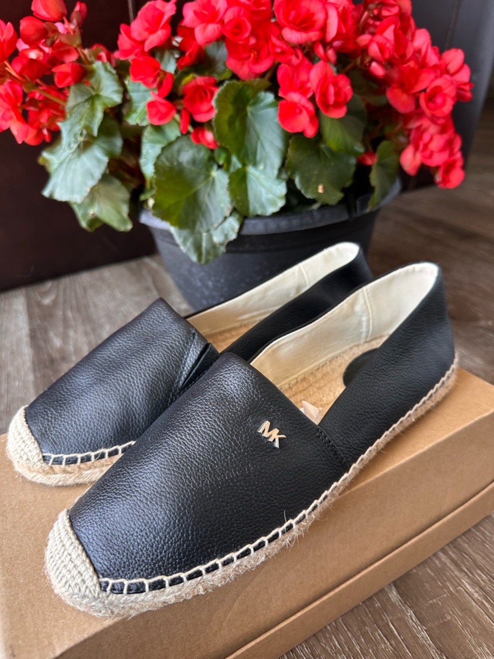 Michael Kors Black Leather Espadrille Slip-Ons with Natural Jute Trim